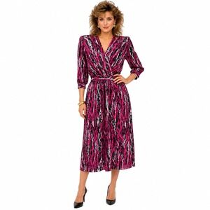 Jonathan Martin Women's Faux Wrap Dress Pink Black Abstract 80's Midi Small